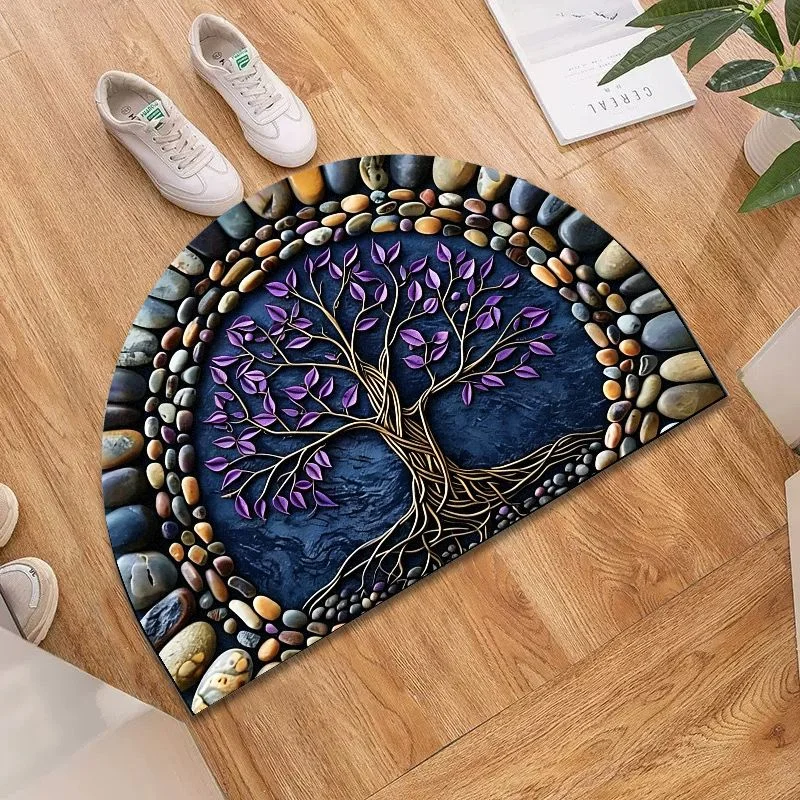 VIKAMA Stone Tree Of Life Half Round Door Mat Anti Slip Soft Washable Carpet Bedroom Entrance Floor Mat Home Decoration