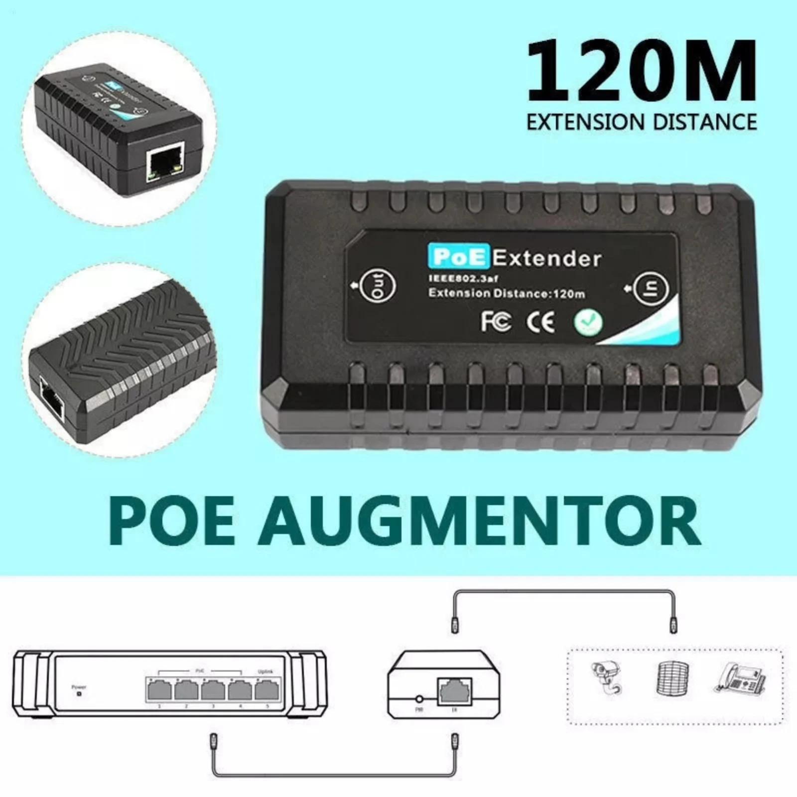 100Mbps POE Extender 1 Port POE Repeater IEEE802.3af/at Standard Ethernet Over Cat5/6 Up to 120M (394ft) Plug and Play