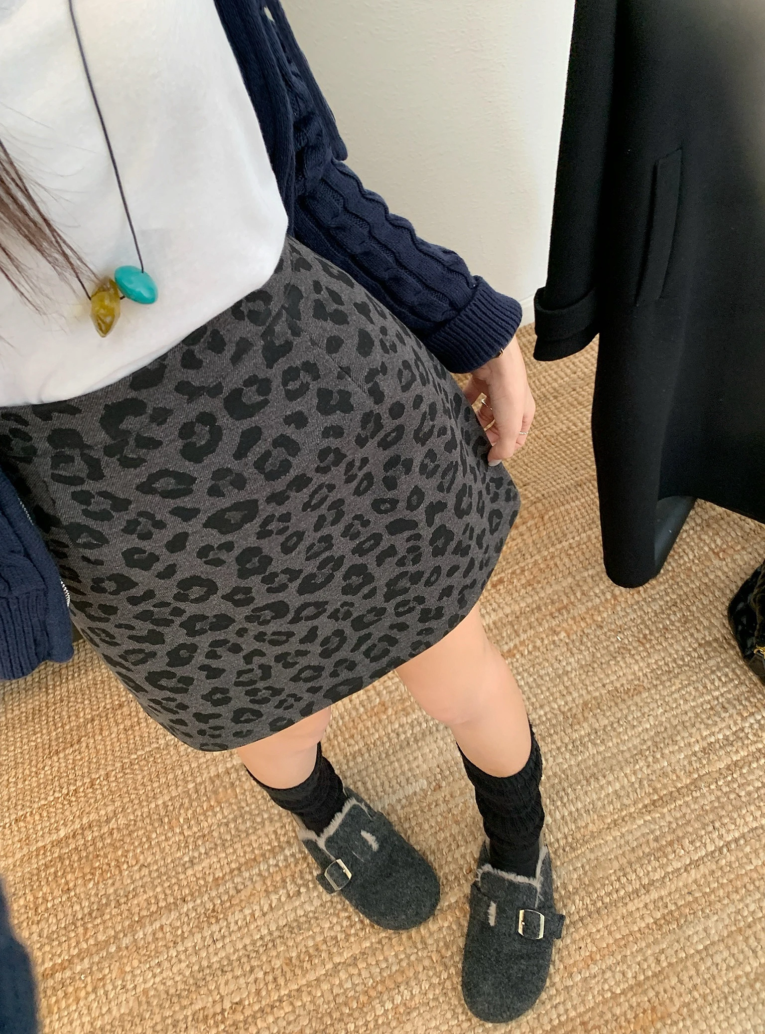 High Waist Leopard Print Woolen  Skirt Women's Autumn Winter New Style A-Line Bodycon Design Sensation Short Skirt