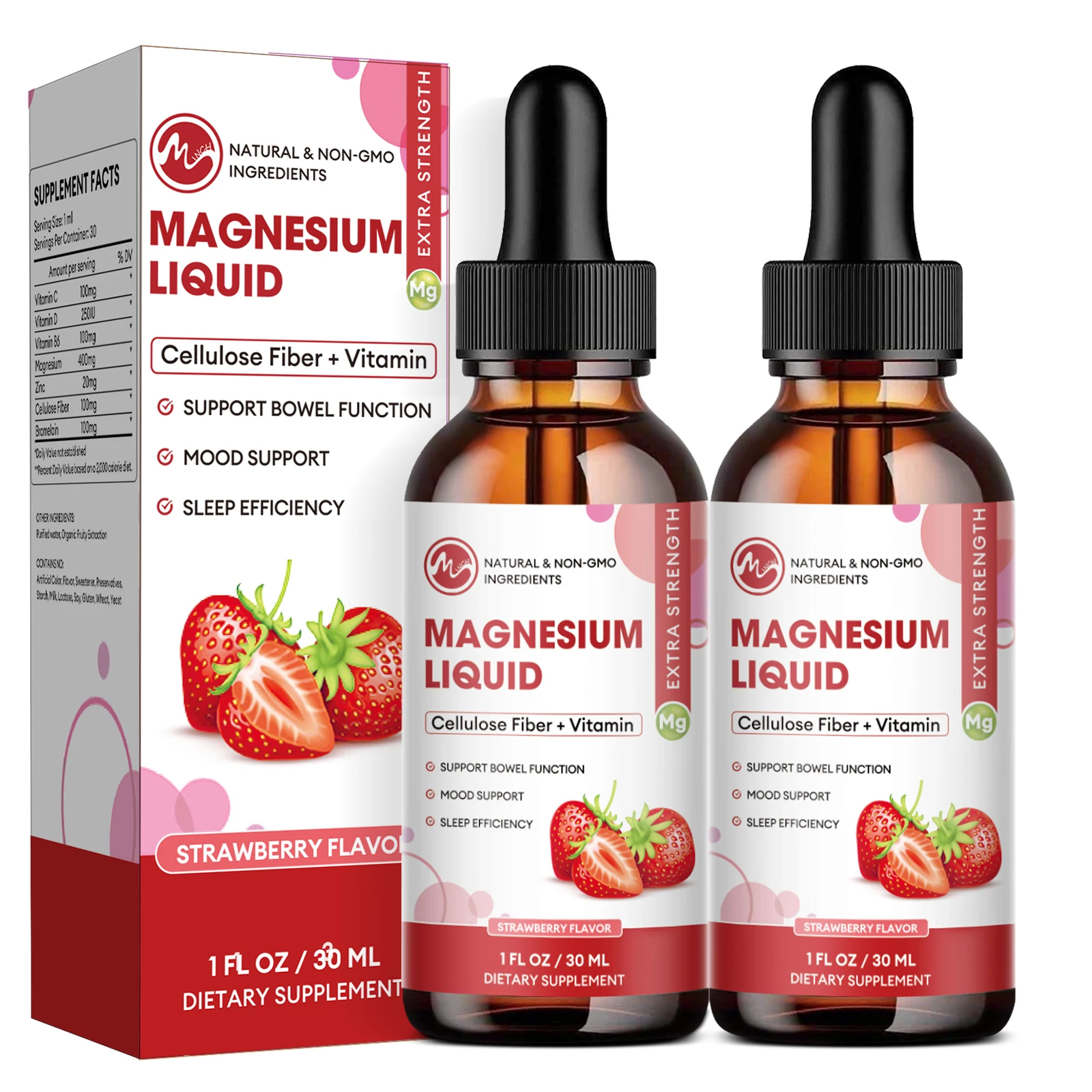 

60ml Strawberry Magnesium Liquid Drops with Vitamin B6 B12 1000MG For Brain Health Keep Memory Improve Focus Concentration