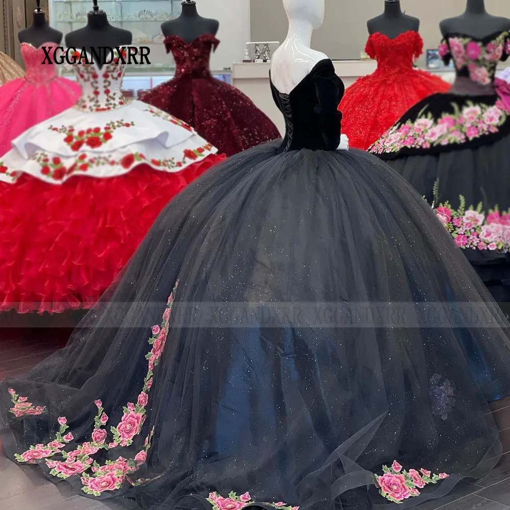 Black Quinceanera Dresses 2024 Long Sleeves Prom Party Wear Ball Gown Sweet 16 XV Years Old Miss Birthday Dress Pageant Mexican