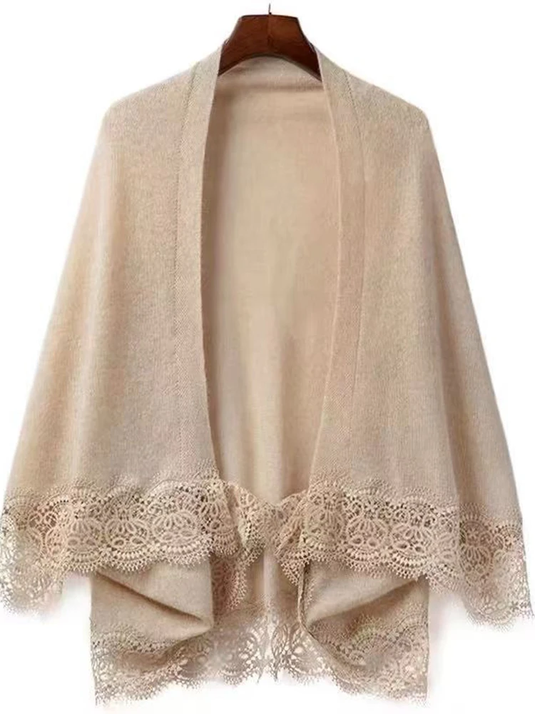 New Fashion 100% Australian Wool Knit Cardigan Shawl All-Season Women's Elegant Lace Soft Sweater Female Folded Wear Shawl Tops
