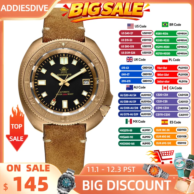 ADDIESDIVE CUSN8 Bronze Watch Men Automatic Wristwatch Calendar Sapphire Glass Luminous 20Bar Waterproof Diving Mechanical Watch