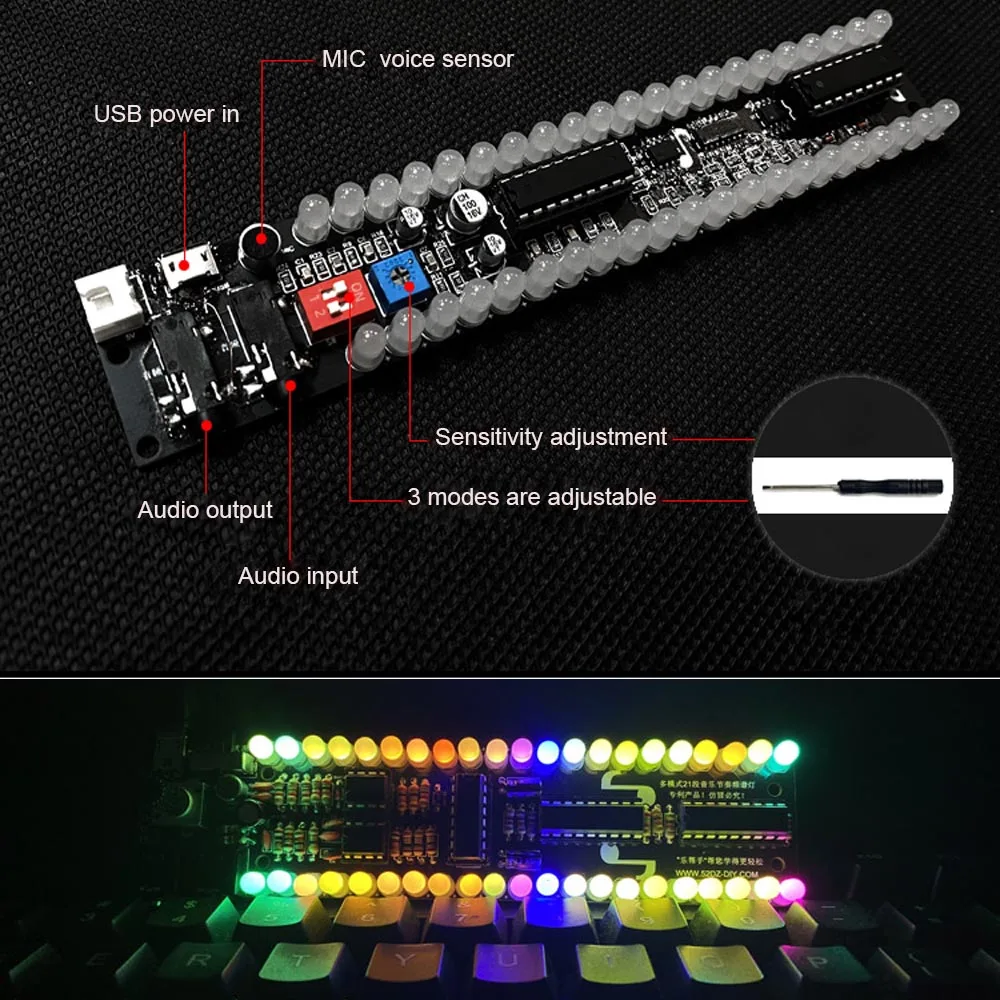 DIY electronic kit LED music spectrum colorful ambient Light assemble kit soldering project 15cm 21 segments