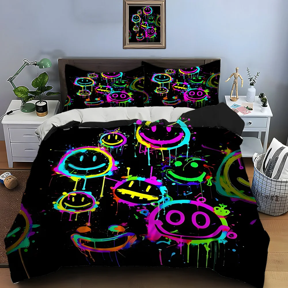 

Colorful graffiti smiley faces Bedding Set for Kids Luxury Gift 3pcs Digital Print Comforter Set Soft Comfortable Breathable
