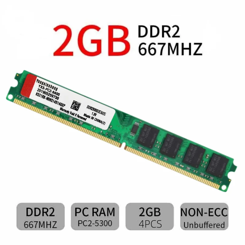 Ensemble de 4 pièces DDR2 2 Go 800Mhz PC2-6400 DIMM PC de bureau RAM 240 broches 1.8V NON ECC 2jas8 2 côtés, 8 puces par côté, 2 Go DDR2