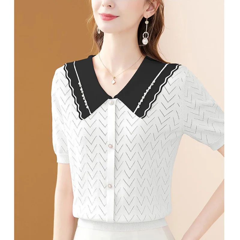 Fashion Loose Button Knitted Spliced Ruffles Beading Shirt Female Clothing 2024 Summer New Casual Tops All-match Commute Blouse