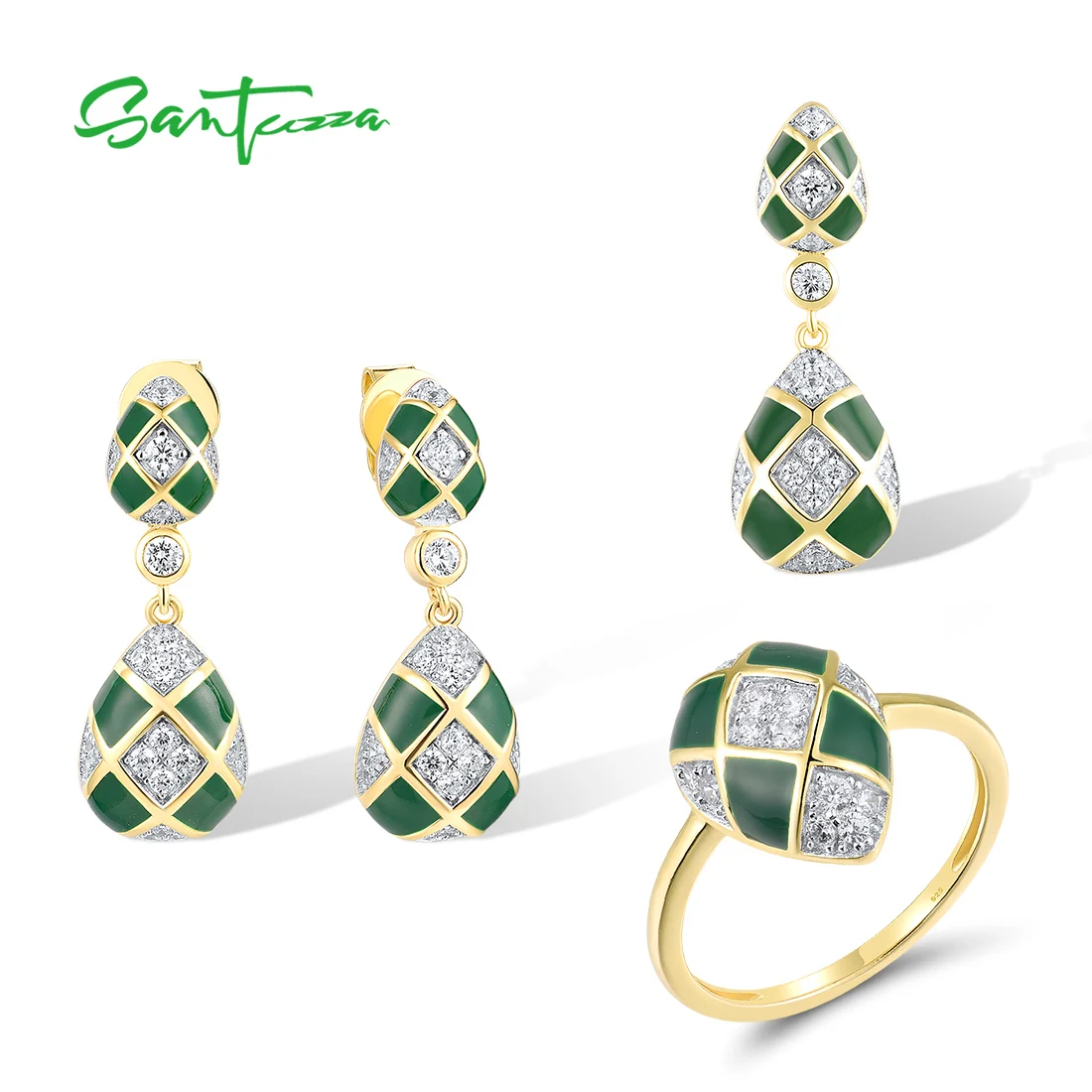 

SANTUZZA Pure 925 Sterling Silver Jewelry Set For Women White CZ Green Pear Enamel Fantastic Pendant Earrings Ring Fine Jewelry