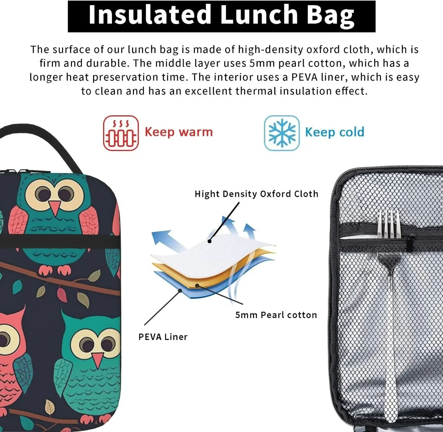 Cute Owls Lunch Bag Insulated Lunch Box Reusable Lunch Tote Bags Leakproof Lunchbox Large Capacity for Work Travel Outdoor