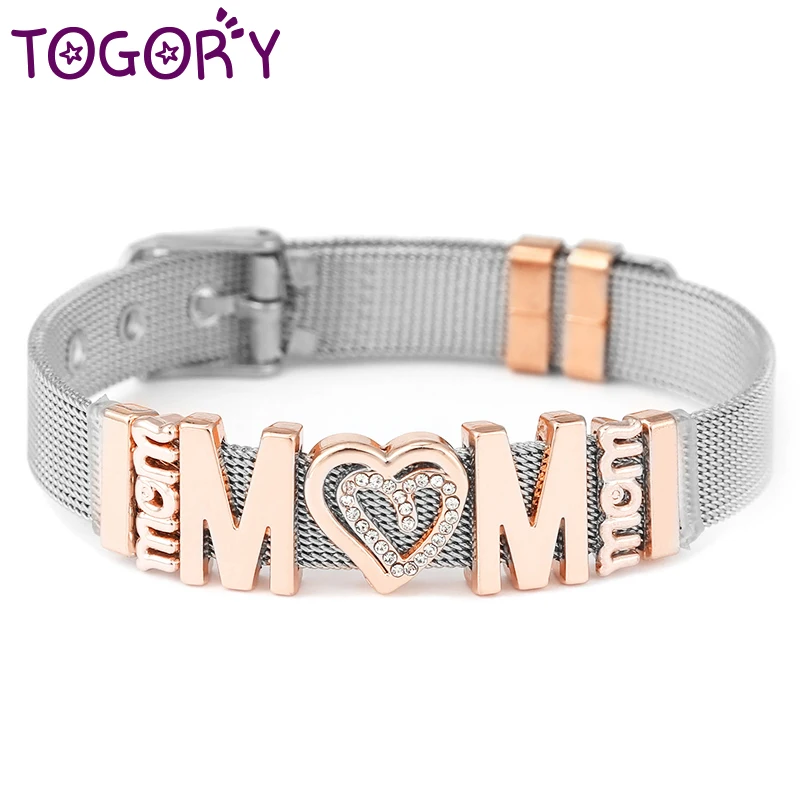 TOGORY 10mm MOM Santa Claus Slide Beads Mesh Bracelets For Women Simple Keeper Charm Bracelets Bangles Christmas Jewelry