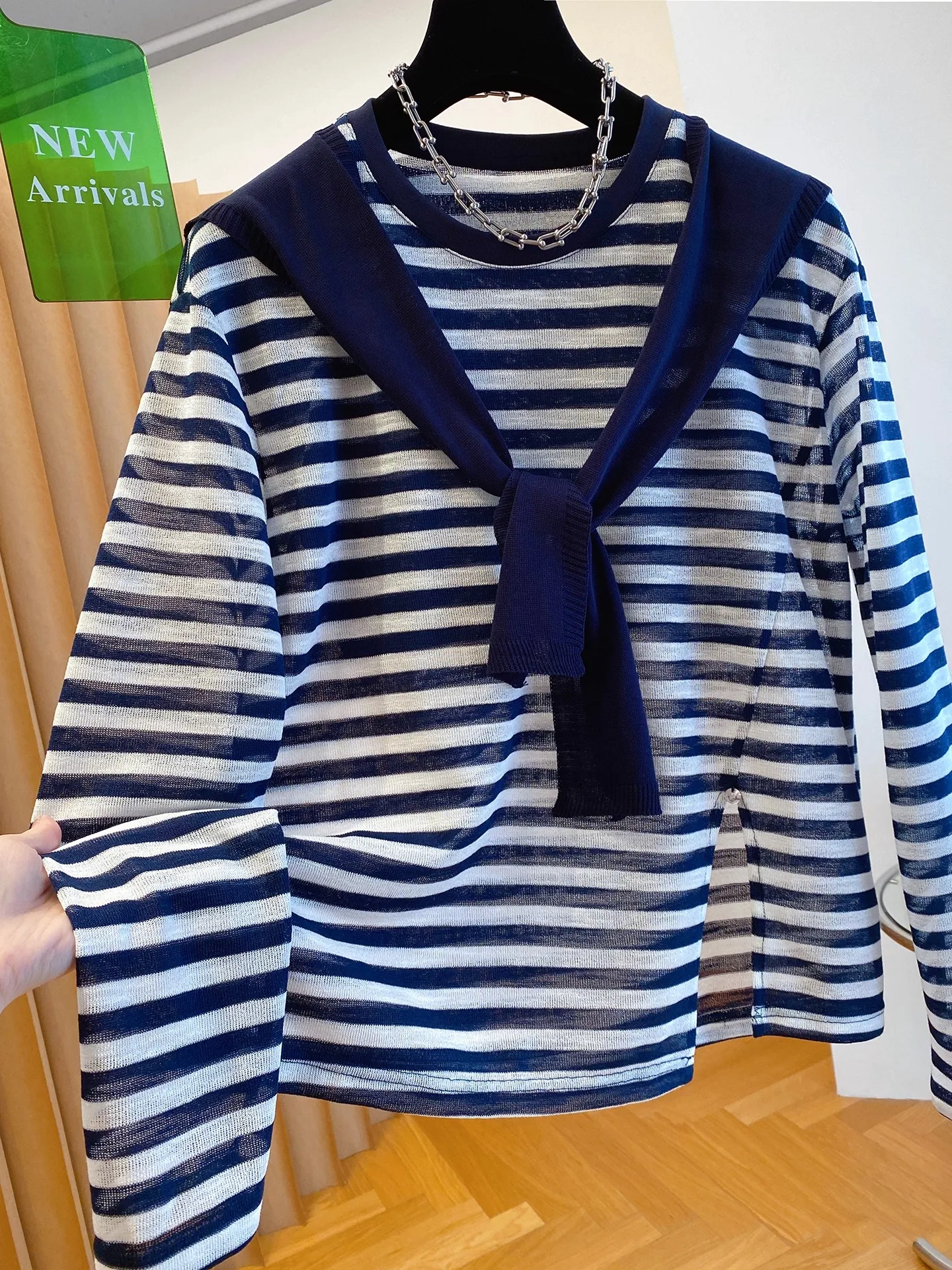 Loose Korean Sle Women's T-irt Set with oulder awl Striped Long Sve round Ne Top plus Size Autumn Early Faion