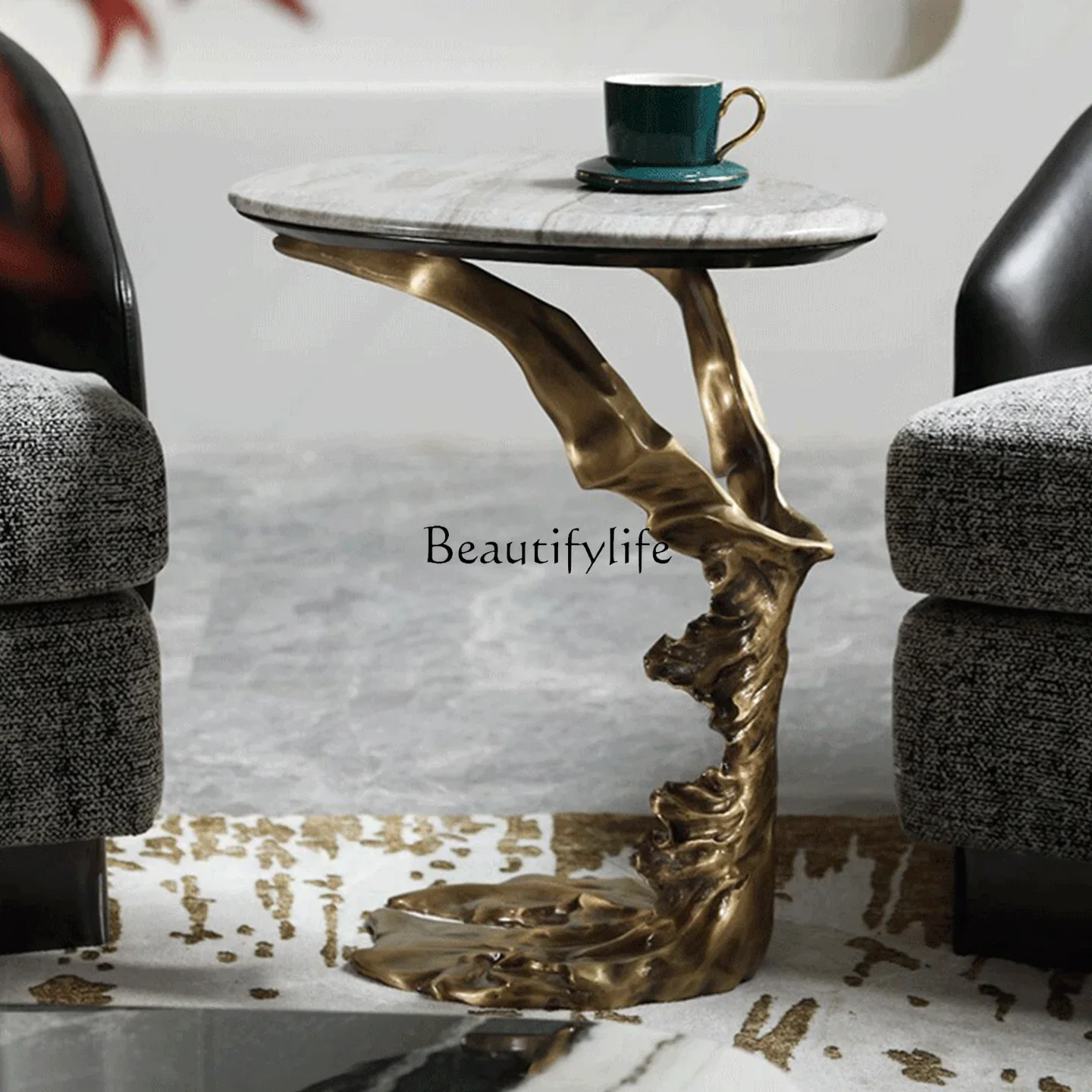 

yj5 Light luxury marble sofa side table luxury living room home artistic sense pure copper edge few