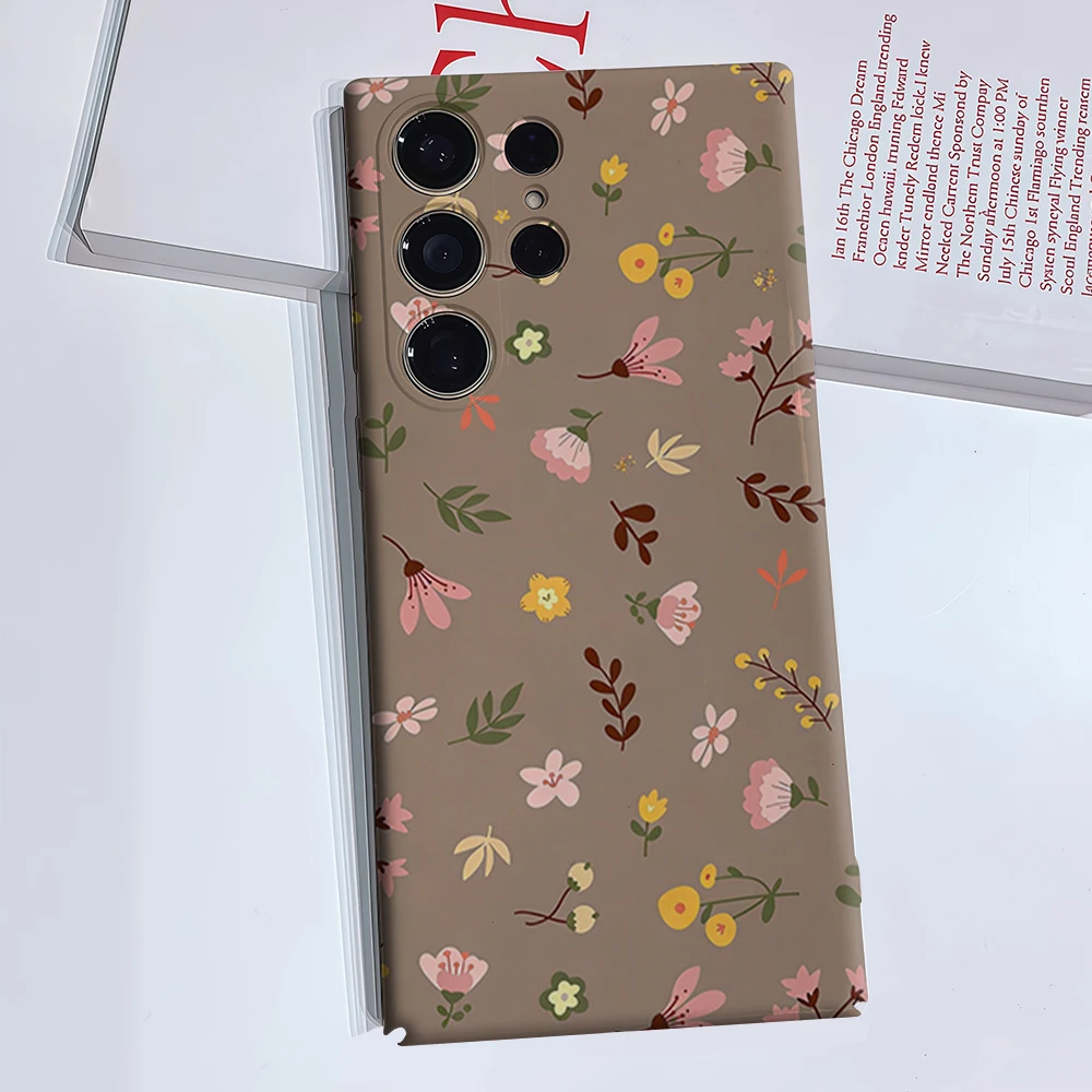 Boho Wildflower Brown Phone Case for Samsung Galaxy S26 S25 Ultra S24 S23 Ultra Plus Glossy Double-layer Back Cover