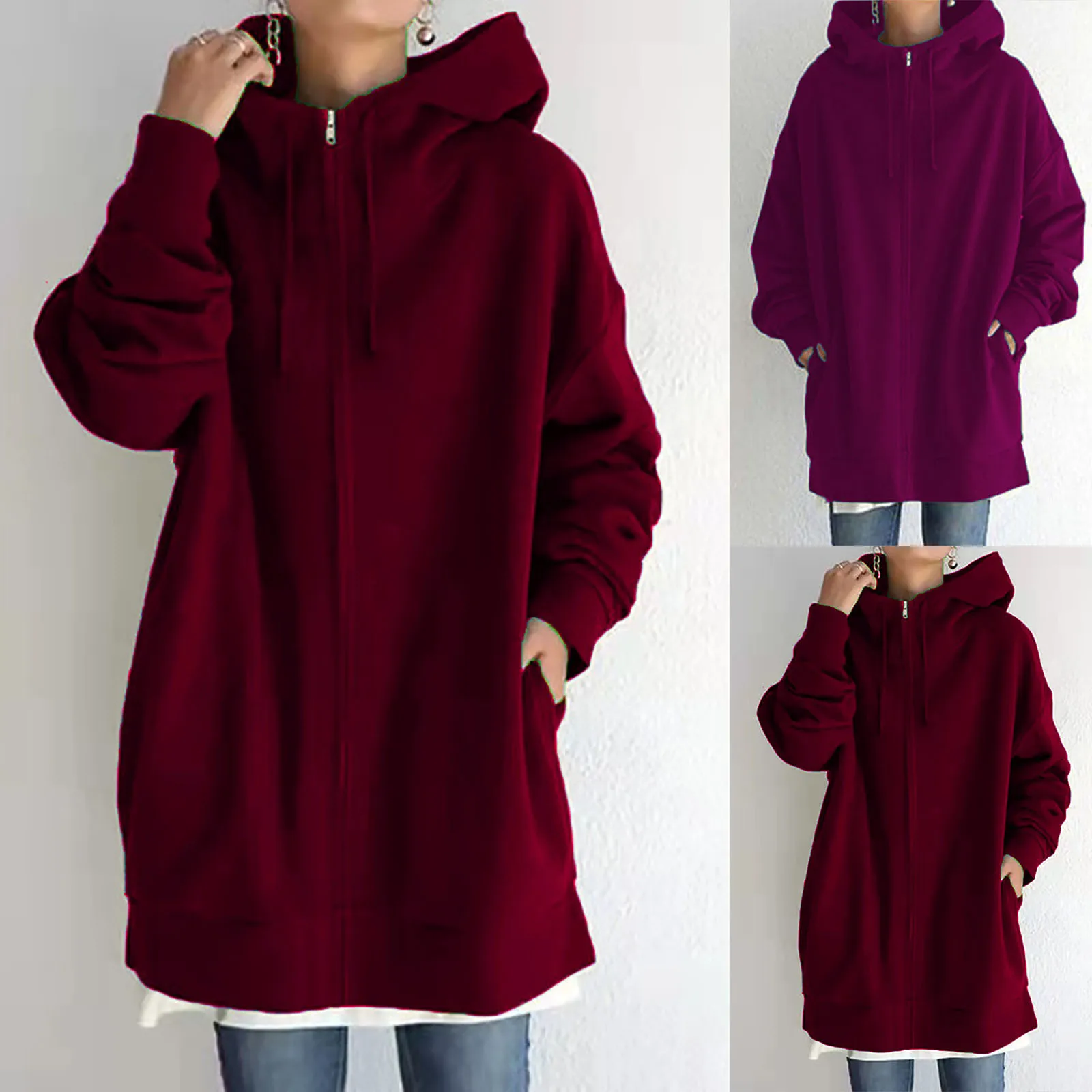 

Loose Long Hoodies Sweatshisrt Women Winter Zipper Cardigan Jackets Pockets Oversize Hoody Zip Up Coats Knee-Length Sweatshisrts