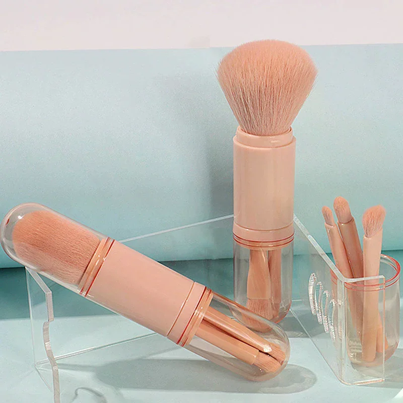 Zestaw pędzli do makijażu 4 w 1, wysuwany pędzel kabuki i 3 małe pędzle do oczu z miękkimi włoskami, małe, przenośne do retuszów.