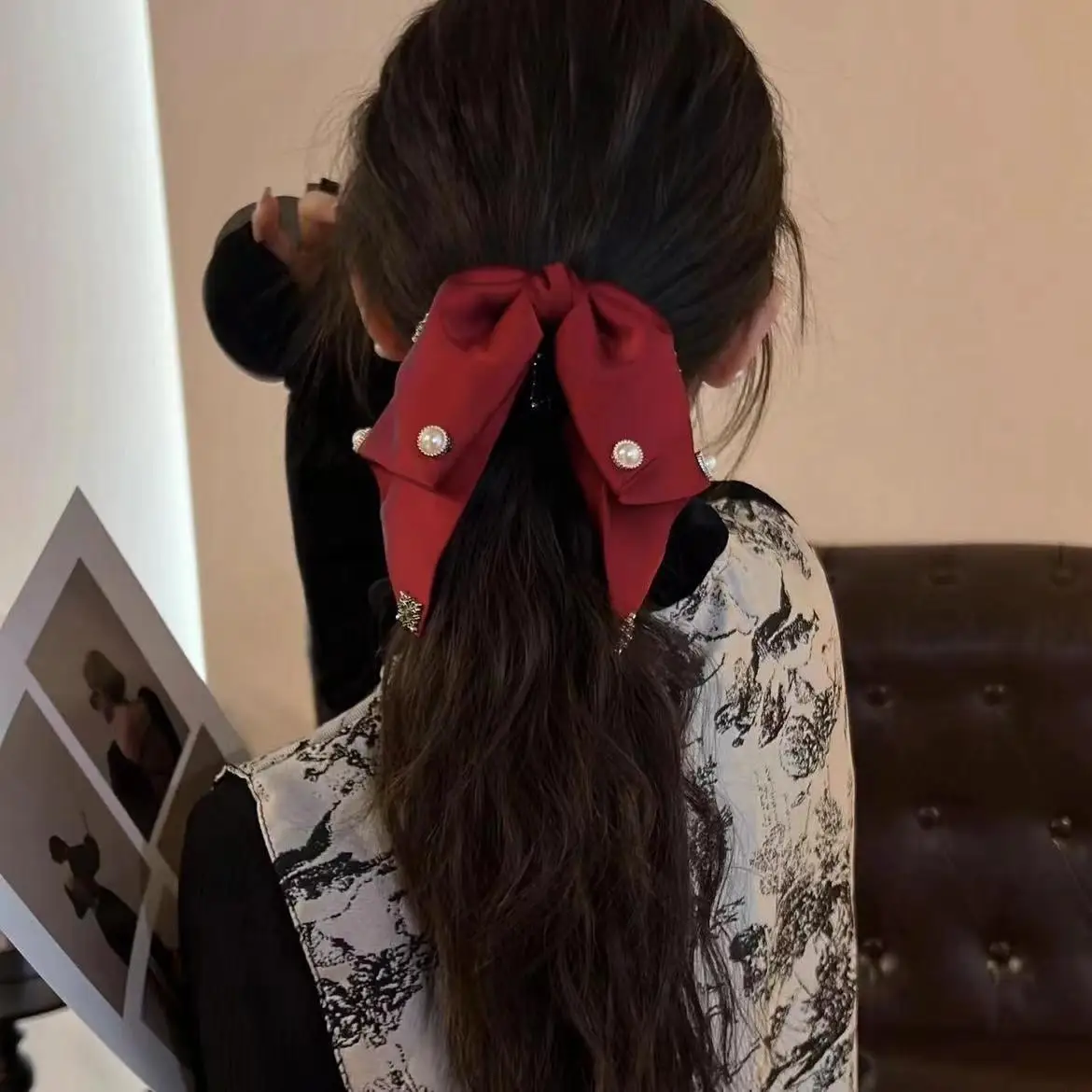 Hepburn style High end silk bow clip headband Korean style versatile ponytail clip fashionable low ponytail hair accessory