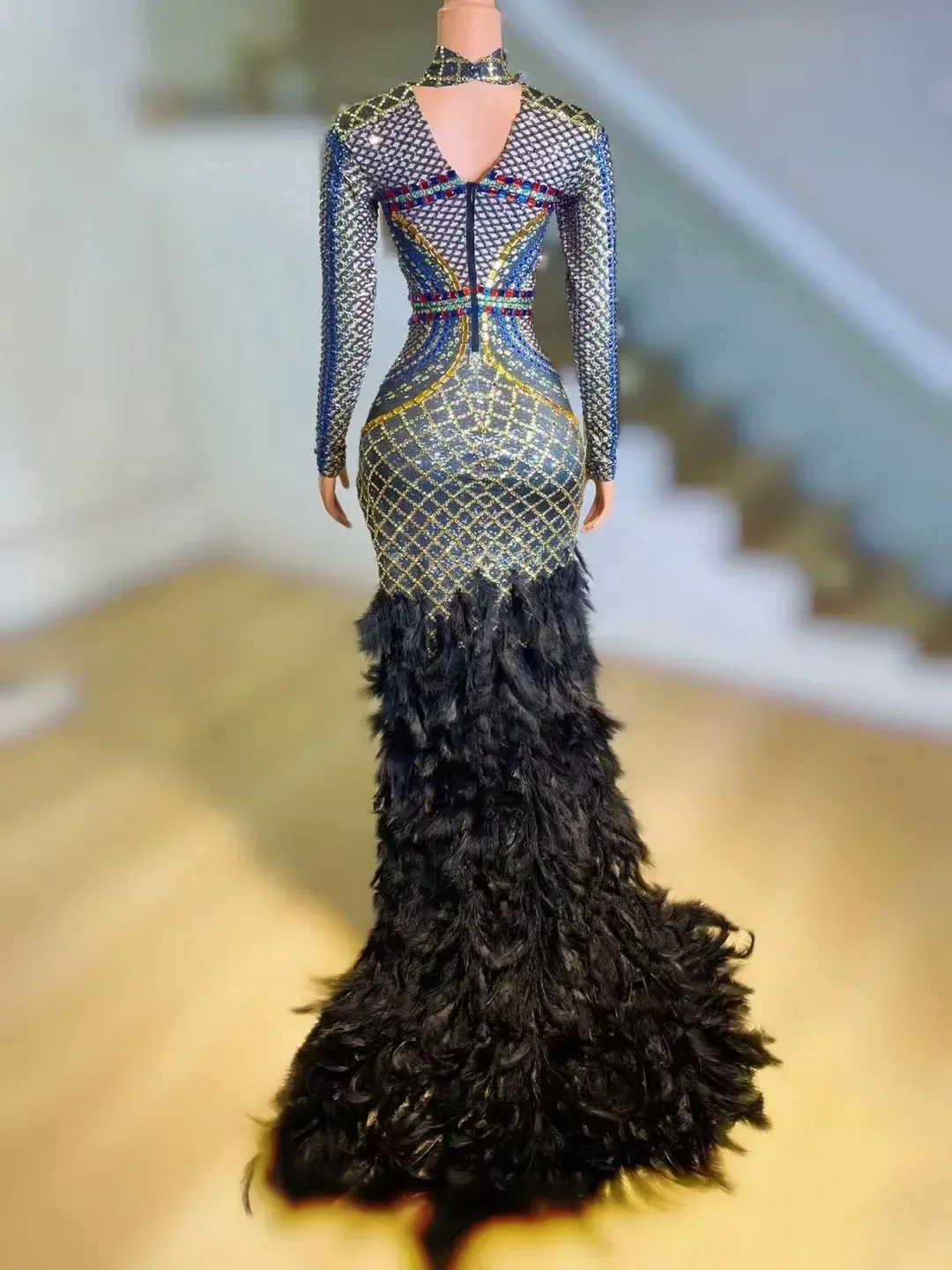 여성용 반짝이는 롱 라인스톤 DJ DS 고고 댄서 드레스 공연 무대 의상 깃털 드랙퀸 코스튬