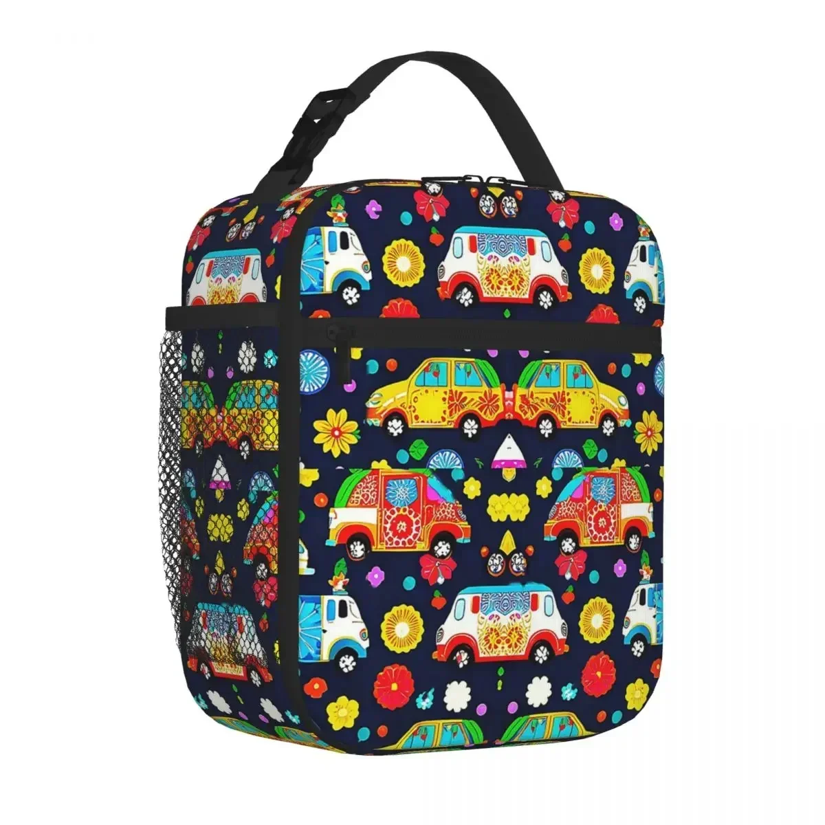 Floral Adventures Flower Adorned Buses And Eco Friendly Fun Insulated Lunch Bag Thermal Bag Picnic Food Tote Bags for Woman Kids