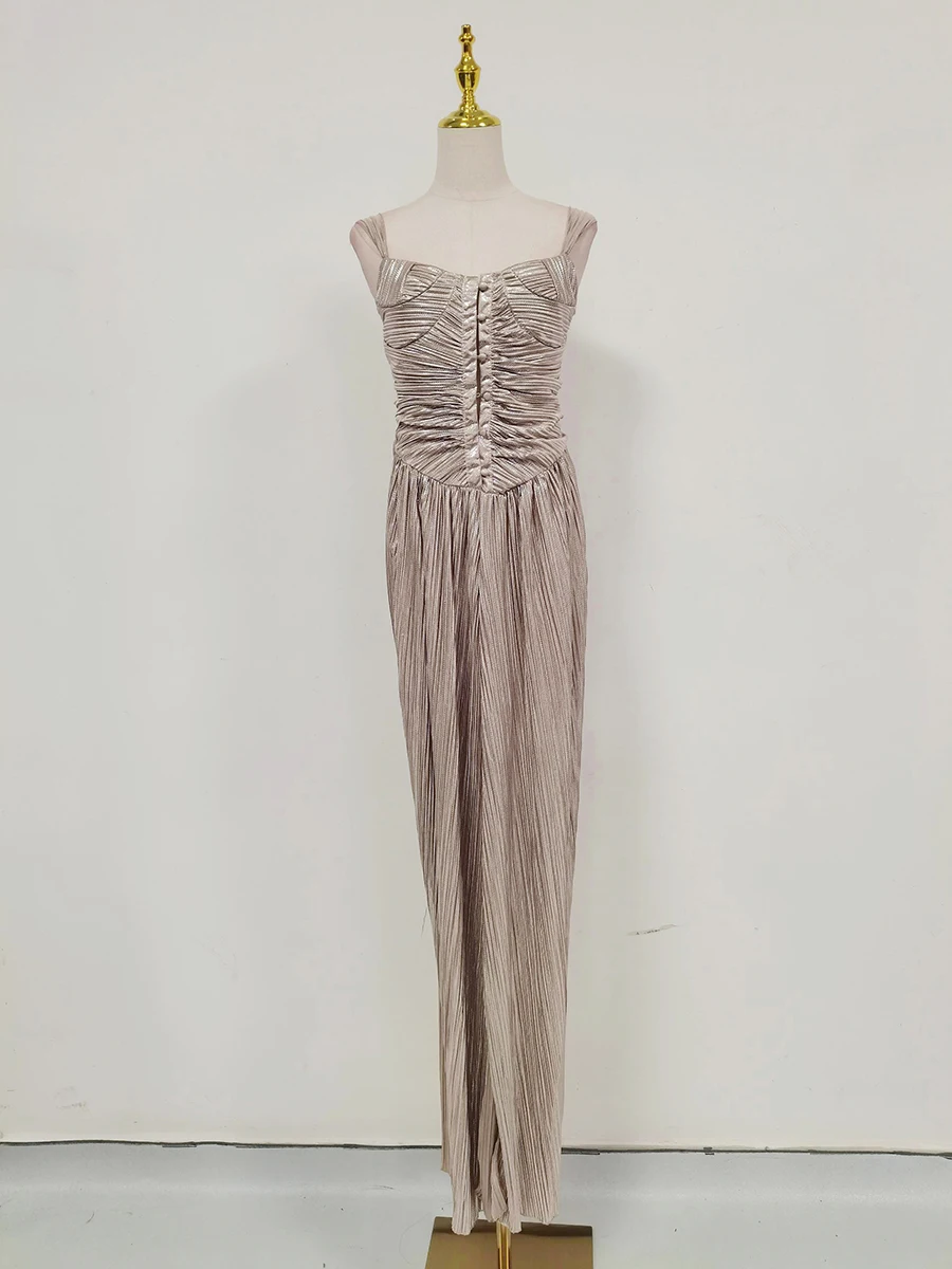 TWOTWINSTYLE Gold Pleated Tunic Fish Bone Dresses for Women Square Collar Sleeveless Casual Party Split Evening Dress Female New