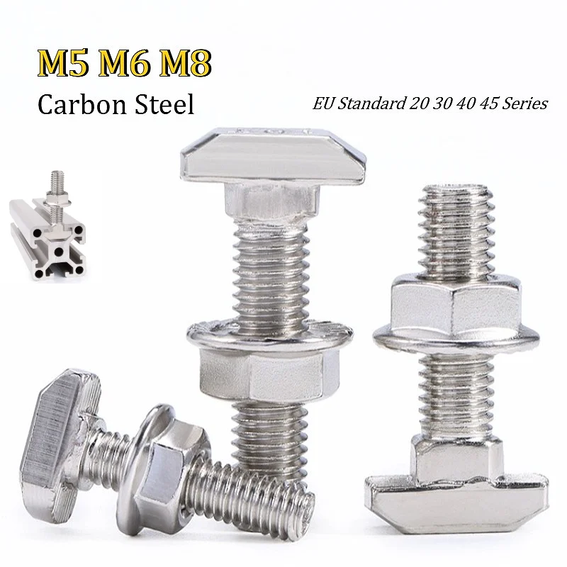 Nickel Plated EU Standard 20 30 40 45 Series T-Shaped Hammer Bolt Screw and Hex Flange Nuts M5 M6 M8 T-Slot Aluminum Profile