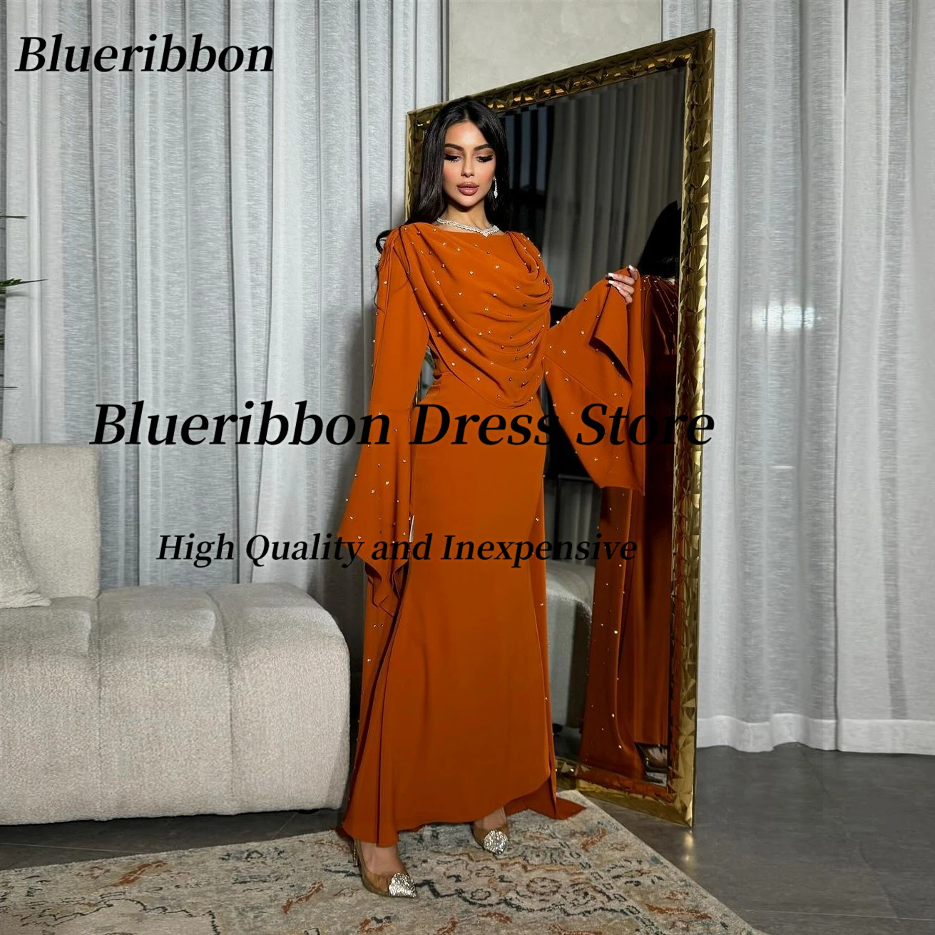 

Blueribbon Dubai Saudi Evening Dresses 2024 Pick Ups Beaded Long Sleeves Prom Dress with Flutters Arabia Women Vestidos De Noche