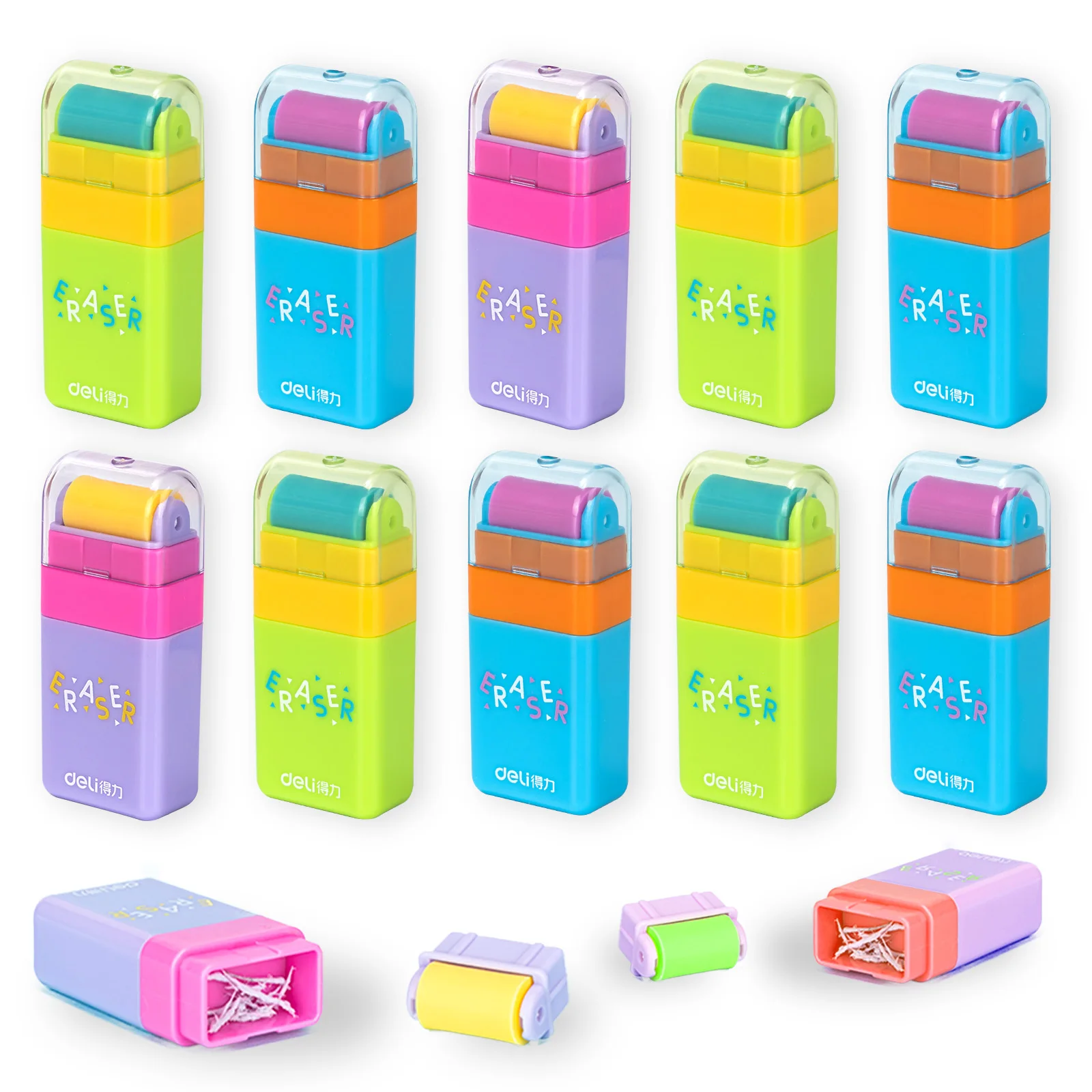 Deli 12Pcs Colorful Roller Eraser with Roller Cleaning Eraser for Kid School Supply Correction Rubber Stationery Store Wholesale