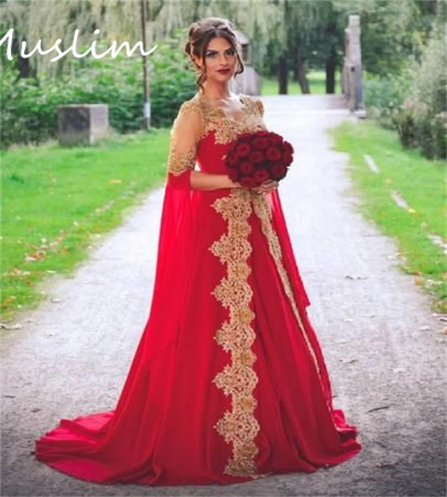 Saudi Arabic Gothic Red Wedding Gown With Gold Lace Elegant Indian Turkish Country Bride Dress Garden Vestidos Novia Customized