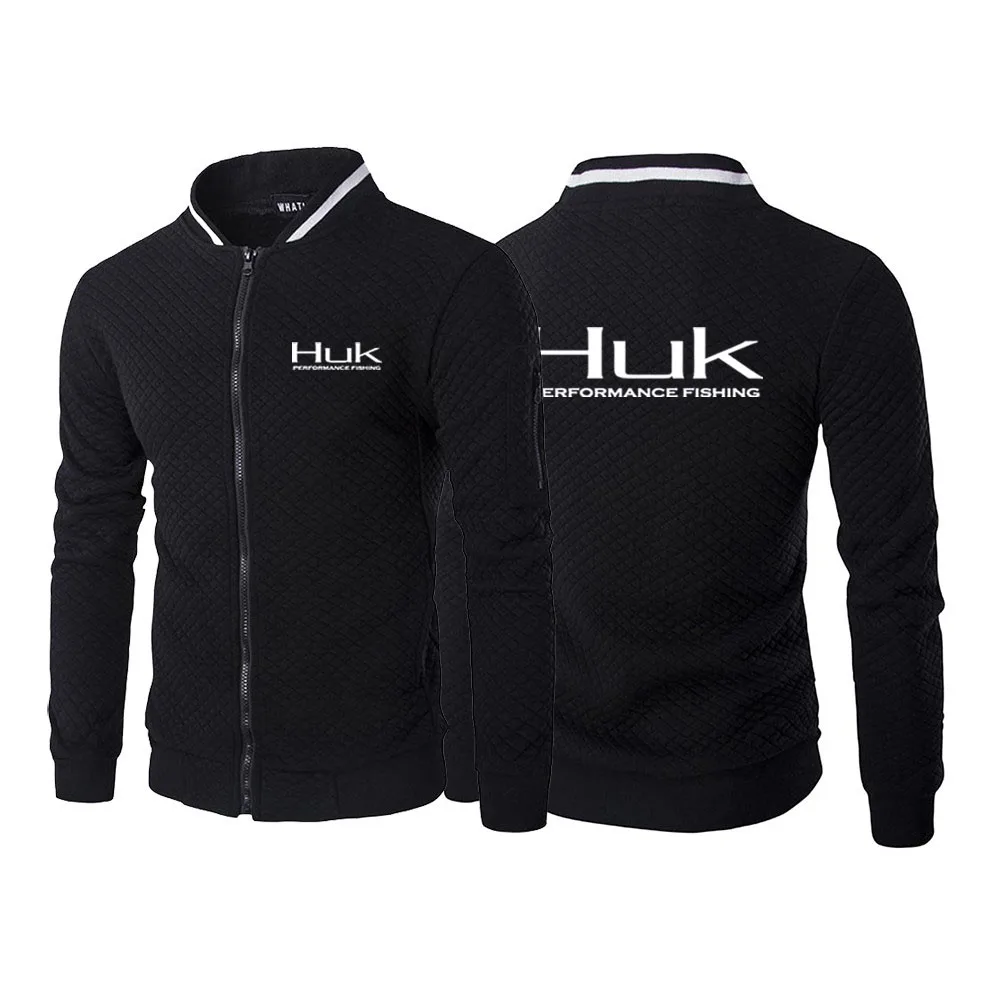 

2024 Spring Autumn Men's Huk Fishing Logo Print Cardigan Zipper Streetwear Casual Long Sleeve Slim Fit Round Neck Cotton Jackets