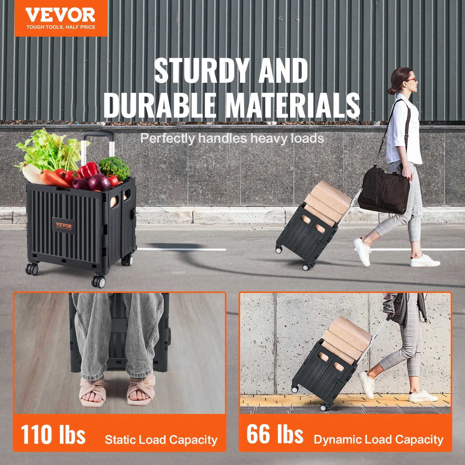 VEVOR Foldable Utility Shopping Cart Folding Portable Crate Handcart with Telescope Handle Wheels for Travel Office Garden Use