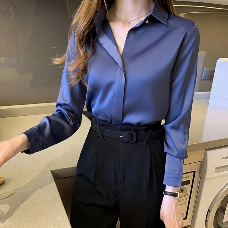 Satin Women Shirt Long Sleeve Fashion Woman Blouse Solid Top Female Shirts and Blouse Basic Button Blue Ladies Tops New