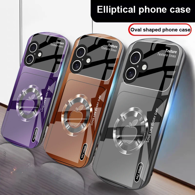 أيقونة أبل على شكل دائرة فضية لهاتف آيفون 17 16 15 14 13 Plus 12 mini 11 Pro Max XR Xs Max X 7 8 6S 22 20 حافظة هاتف زجاجية بيضاوية الشكل