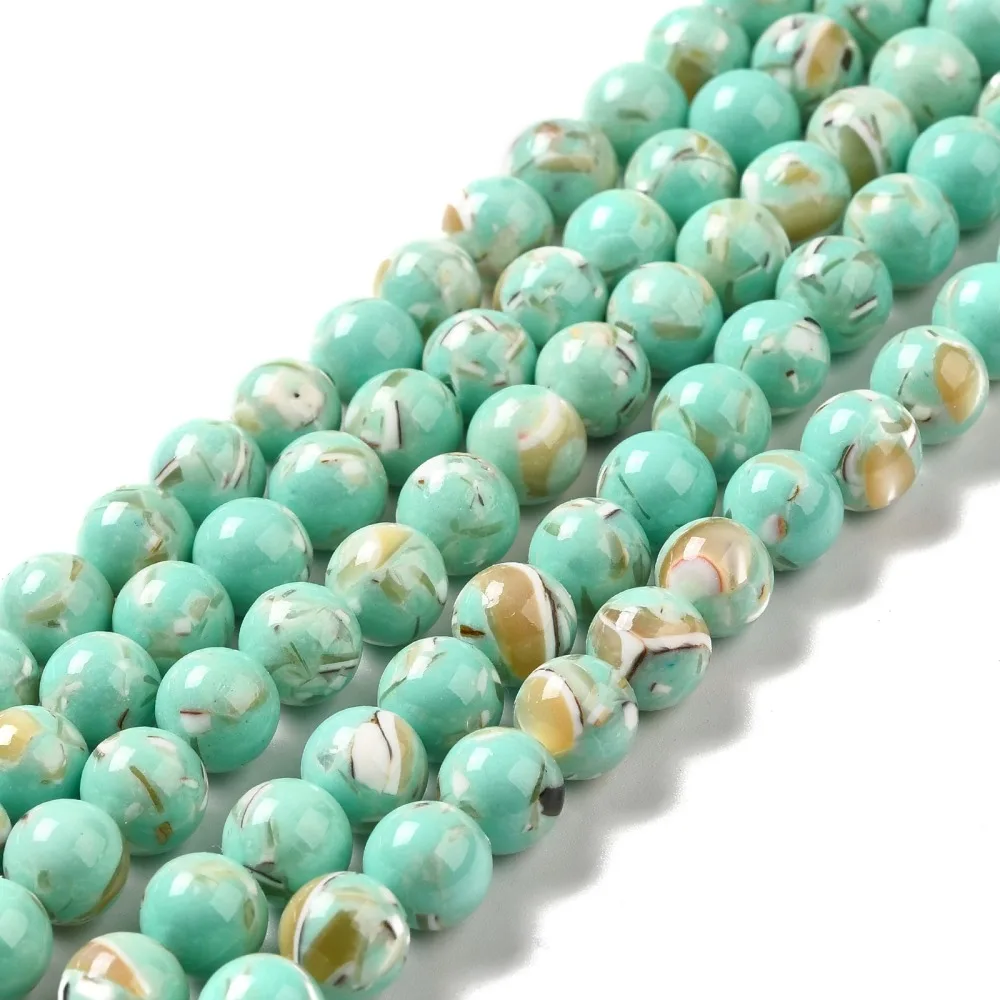 

5Strand 12mm Synthetic Turquoise and Sea Shell Assembled Beads Strands, Dyed, Round, Aquamarine about 33pcs/strand