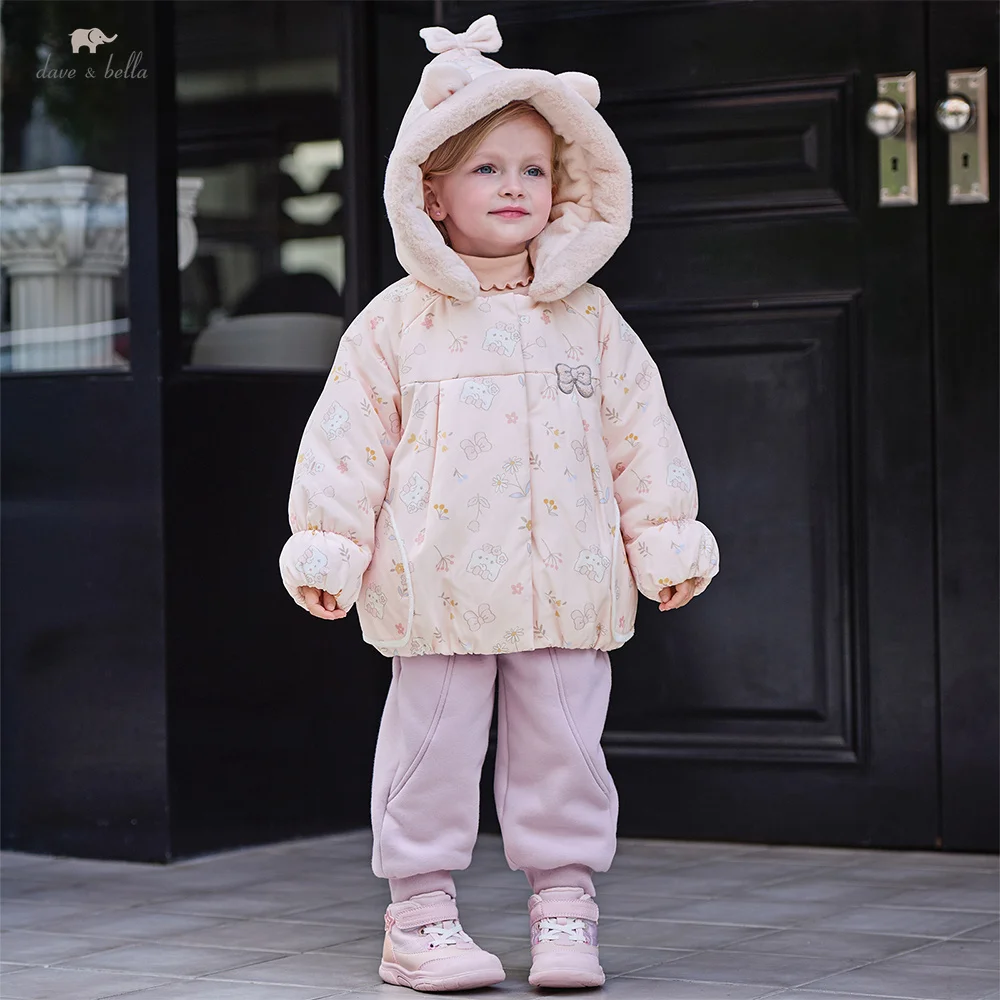 Dave Bella Children Coat Winter Girl Thick Fashion Hooded Jacket Cute Print Waterproof Top Outerwear Children Clothing DB4254340