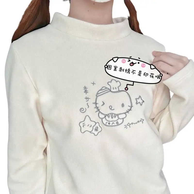 헬로키티 하이넥 일본 스타일 부드러운 벨벳 귀여운 스윗 캣 새로운 다용도 자수 긴팔 기본 티셔츠 탑 가을