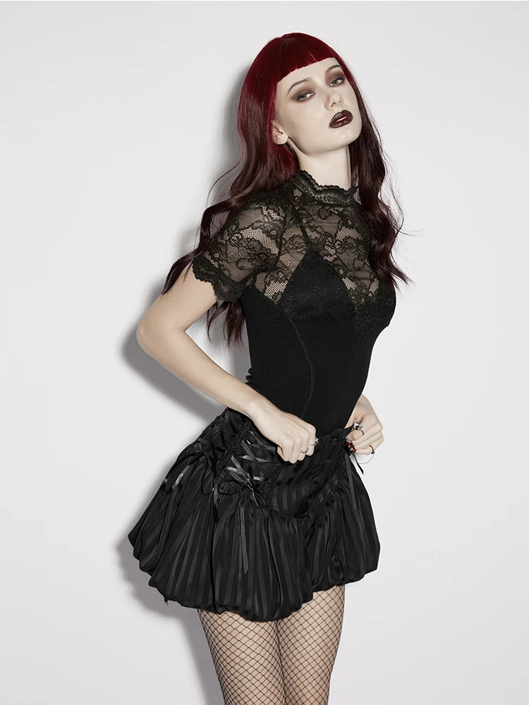 PUNK RAVE Women's Gothic Striped Woven 3d Fluffy A-line Pumpkin Sweet Shorts Layered Design Fashionable Black Short Pants
