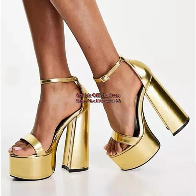 

Gold Leather Chunky Heels Sandals Ankle Strap Open Toe High Platform Heels Dress Shoes Cutouts Plus Size Summer Club Shoes