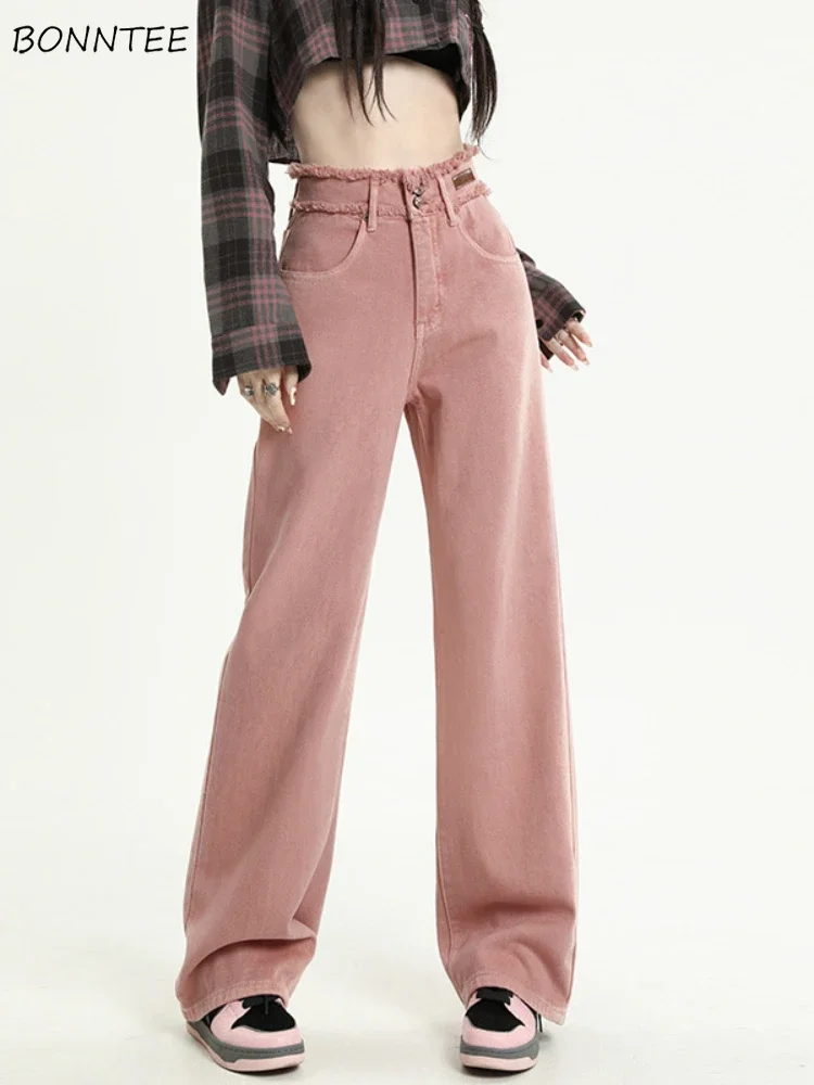 Pink Baggy Jeans Women Simple High Waist Casual Sweet Streetwear Spring Autumn Slacks 2000s Y2k Cowgirl Mopping Trousers New