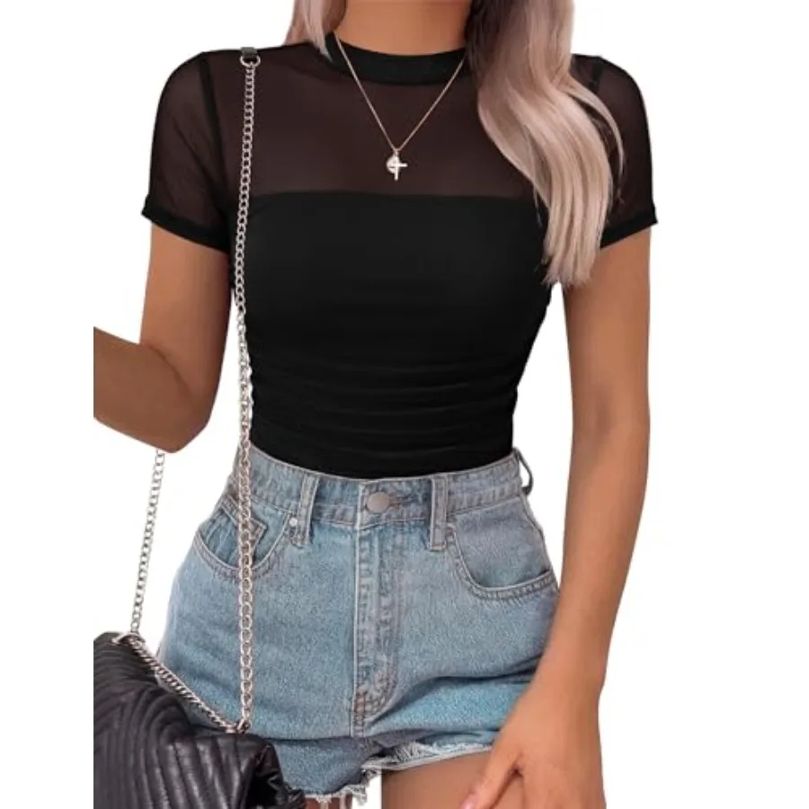 

SAUNGKUAI Women's Mesh Short Sleeve Bodysuit Mock Neck Ruched Sheer Body Suits Leotard Going Out Tops Summer Outfits