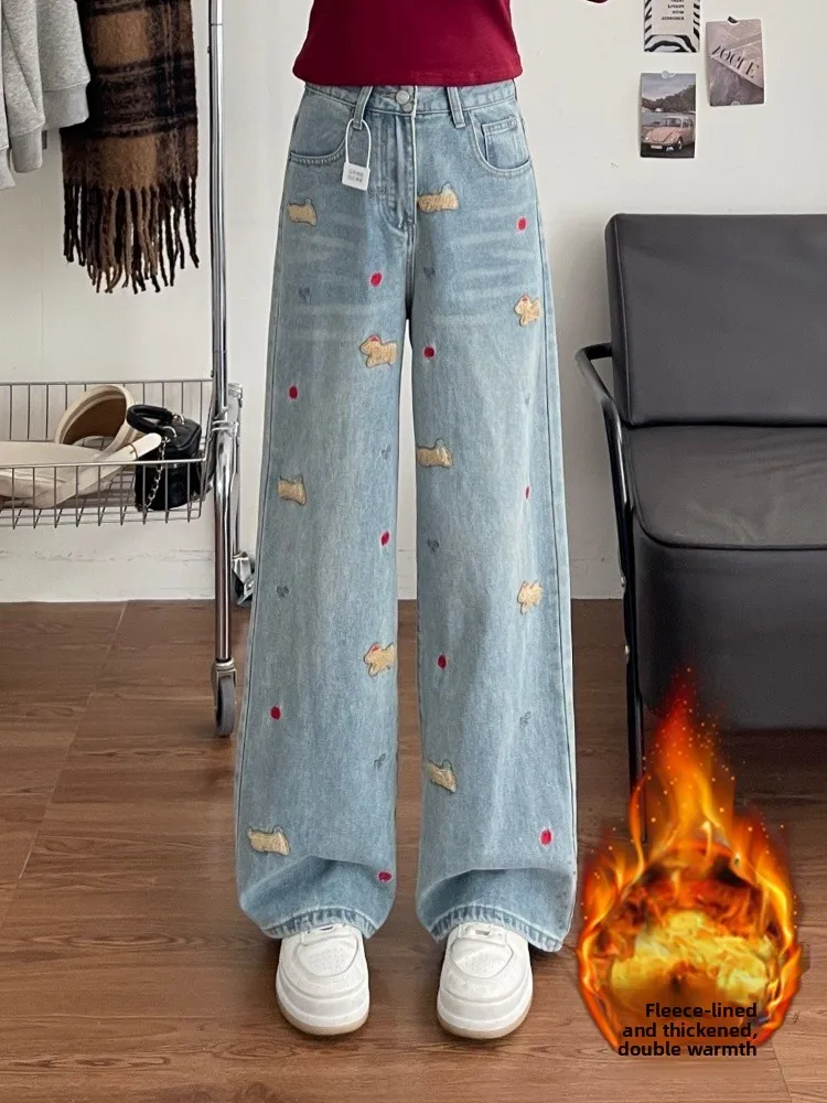 

plus Size Embroidered Design Fce Lined High Waist Straight Leg Jeans Women's Winter New Sle Slimming Loose Fit Wide Leg ...