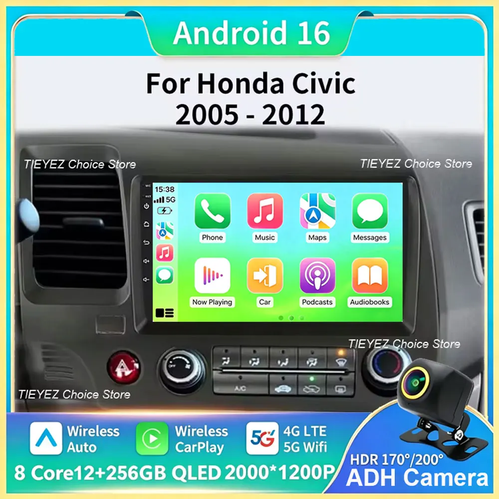 Android 16 für Honda Civic 8 FK FN FD 2005 - 2012 2K QLED Android Autoradio Multimedia-Videoplayer GPS 4G CarPlay Stereo