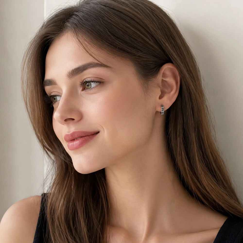 Schwarze Creolen-Creolen aus Bambus mit Scharnier, europäischer glamouröser feiner Schmuck für Damen und Herren, Geschenk aus 925er Sterlingsilber – Detail 2