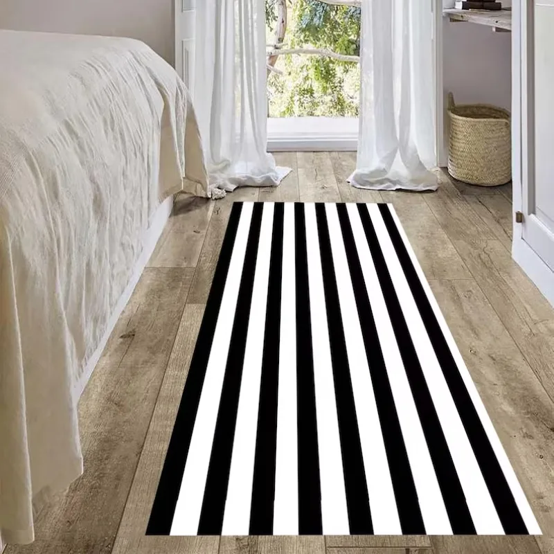 Black White Stripe Pattern Runner Rug Bedroom Room Bed Blanket Shoes Room Living Room Mat Bedroom Kitchen Washable Carpet