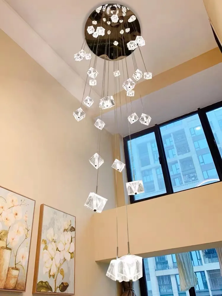 

Stairs attic crystal chandelier Large hotel villa duplex luxury modern spiral long chandelier Living room led cube crystal lamp