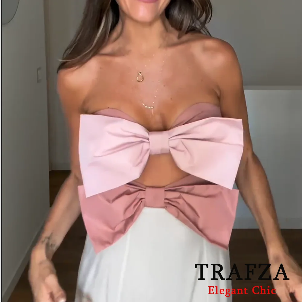 TRAFZA Sexy Taffeta Women's Top With Bow Trimmed Openings New 2025 Summer Two Bow Bra Halter Top OOTD Beach Party Halter Top