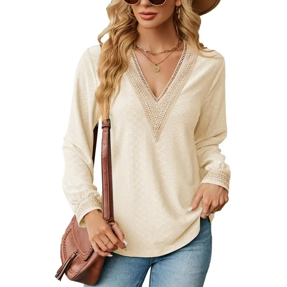 

Casual Women Blouse Spring Fall Top V Neck Hollow Out Color Matching Patchwork Loose Pullover Long Sleeve Casual Lady Blouse