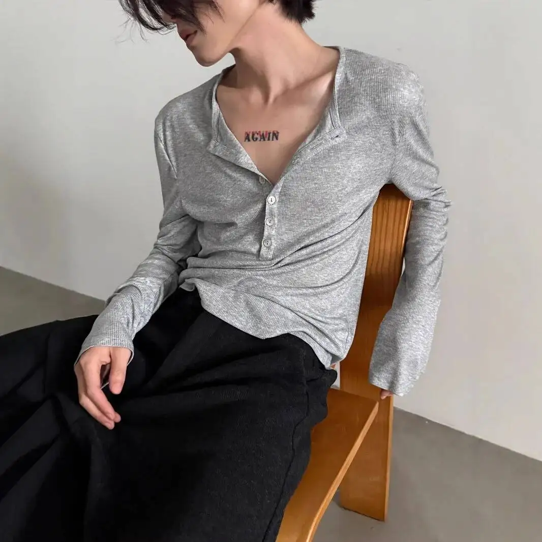 

2026 Spring Man Sheer Overlay Shirt Unisex Lazy Vibe Henley Collar Long Sleeve T Shirt Transparent Slim Base Layer
