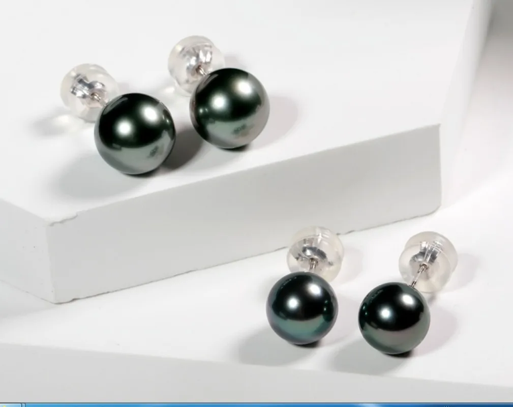 PAIR OF 9-10MM NATURAL SOUTH SEA TAHITIAN GENUINE BLACK ROUND PEARL STUD EARRING  sterling silver