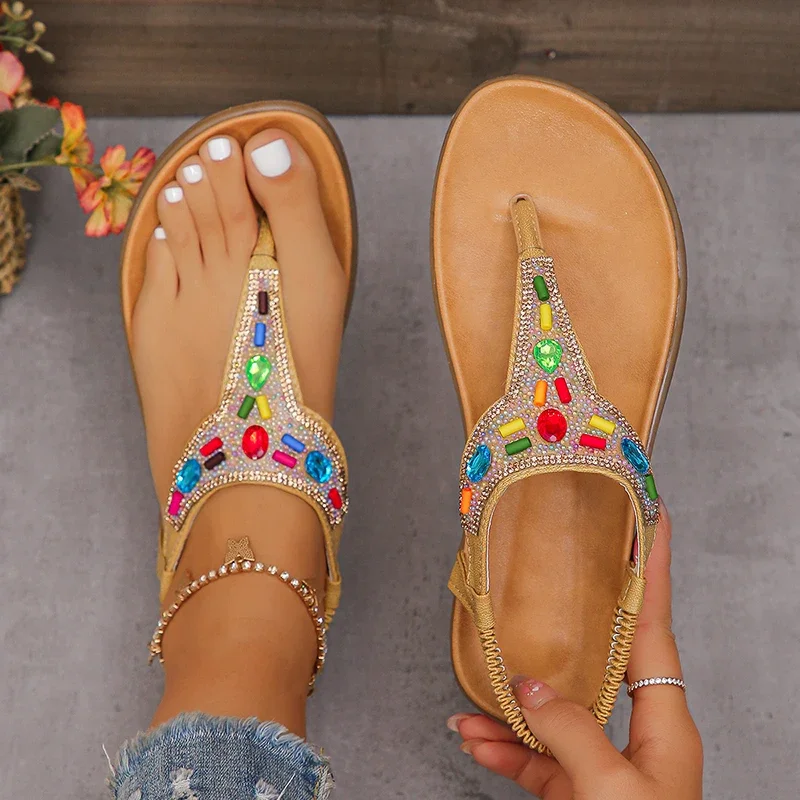 

Lucyever Fashion Rhinestone Flat Sandals Women 2025 Summer Clip Toe Beach Sandles Woman Cozy Non Slip Gladiator Sandalias Mujer