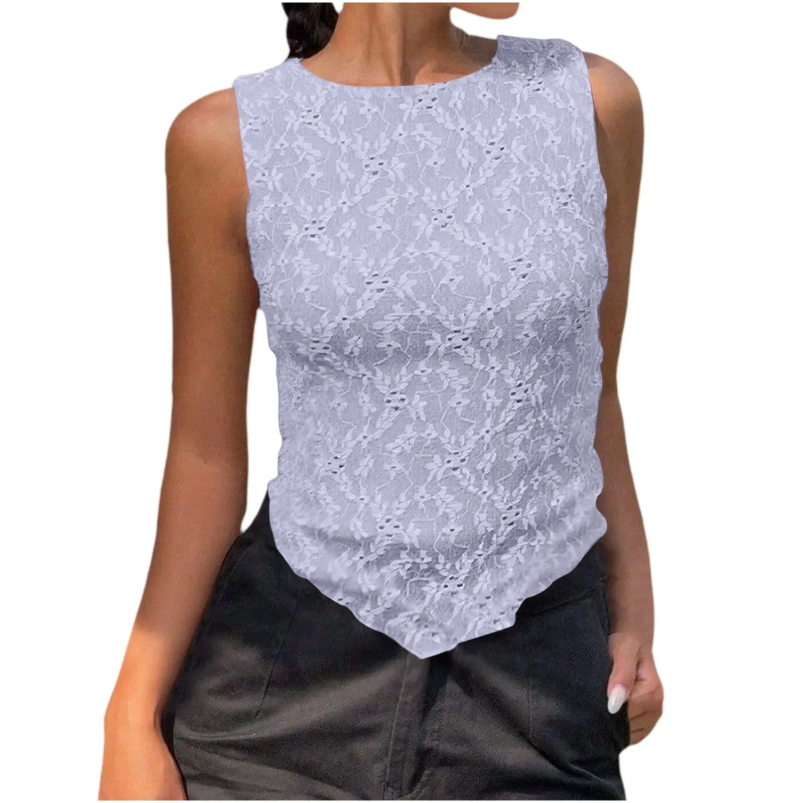 White Lace Sleeveless Tank Top French Vintage Irregular Hem Slim Cropped Top Casual Daily Office Work Relaxed Fit Ladies Vest