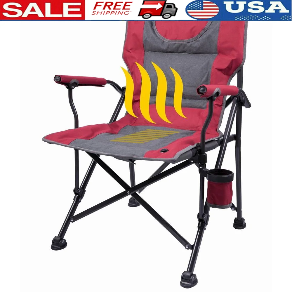 

Heated Portable Camp Chair Camping Sports Beach Lightweight USB Powered Adjustable Backrest with Cupholder and Pocket